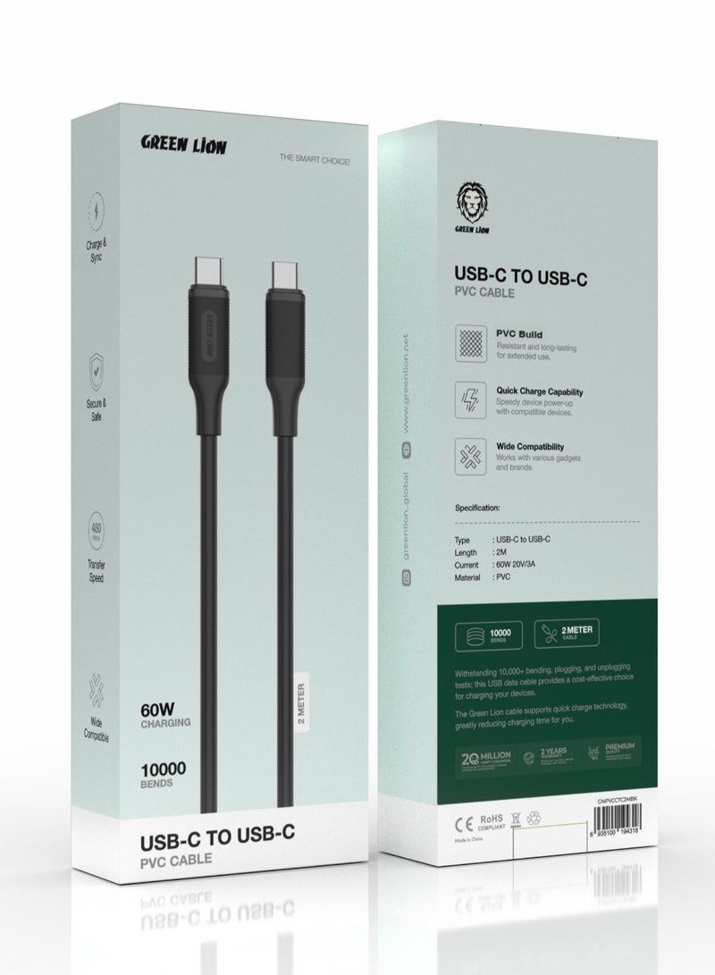 GREEN LION USB-C to USB-C PVC Cable 2M / 480mbps Transfer Speed / Quick Charge Capability / Wide Compatibility / 60W Charging / 10000 Bends Life Span / Secure & Safe / Charge & Sync - Black - Image 2