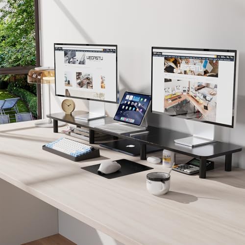 WEGASTU 43.7" Extra Long Dual Monitor Stand Riser, Wood & Steel Monitor Stand for 2 Monitors, Wide TV Stand, Desktop Riser for Desk Organization, Home Office，Laptop,Printer,TV (Black) - Image 2