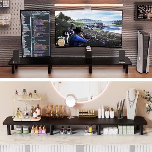 WEGASTU 43.7" Extra Long Dual Monitor Stand Riser, Wood & Steel Monitor Stand for 2 Monitors, Wide TV Stand, Desktop Riser for Desk Organization, Home Office，Laptop,Printer,TV (Black) - Image 5