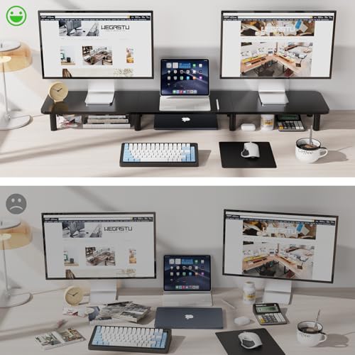 WEGASTU 43.7" Extra Long Dual Monitor Stand Riser, Wood & Steel Monitor Stand for 2 Monitors, Wide TV Stand, Desktop Riser for Desk Organization, Home Office，Laptop,Printer,TV (Black) - Image 4