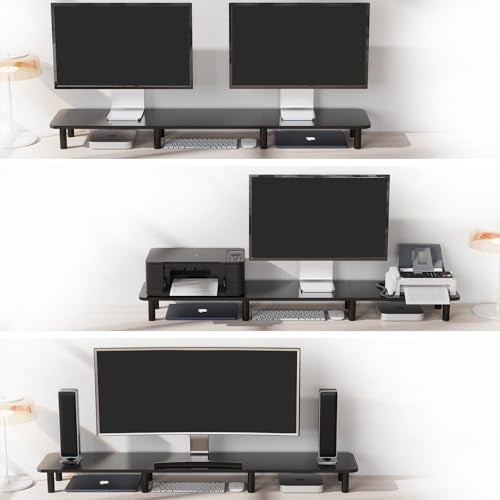 WEGASTU 43.7" Extra Long Dual Monitor Stand Riser, Wood & Steel Monitor Stand for 2 Monitors, Wide TV Stand, Desktop Riser for Desk Organization, Home Office，Laptop,Printer,TV (Black) - Image 3