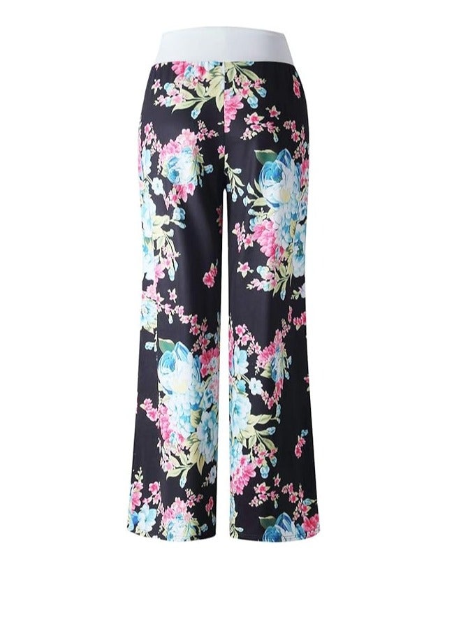 iChunhua Women's Comfy Stretch Floral Print Drawstring Palazzo Wide Leg Lounge Pant  - Image 1