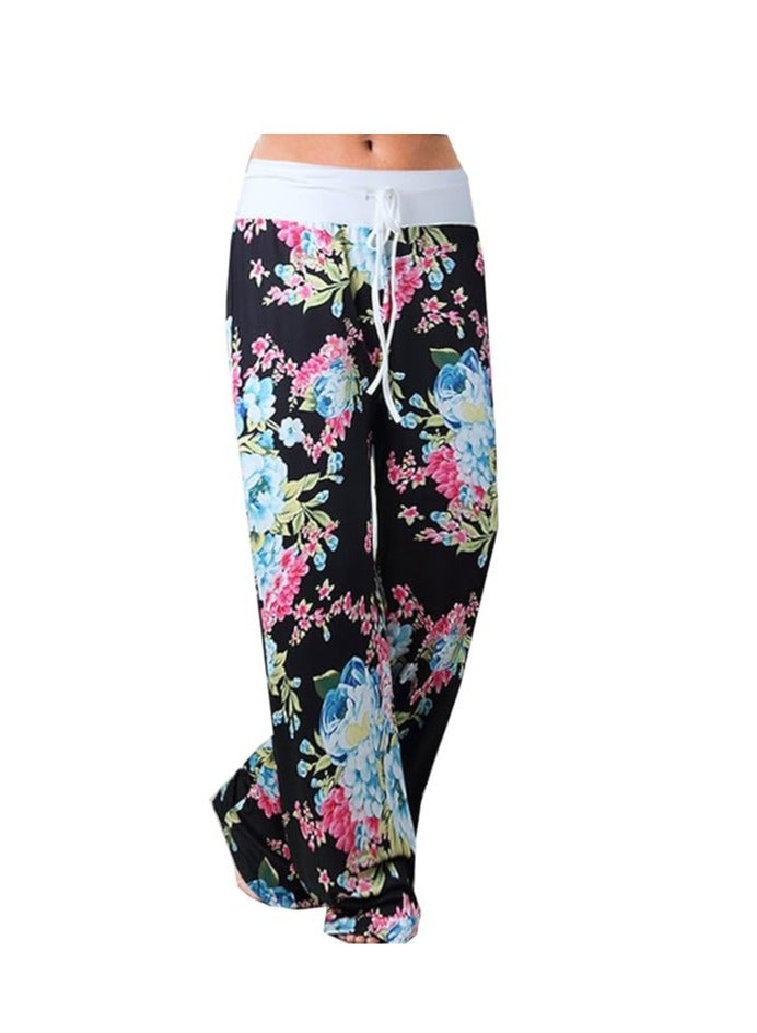 iChunhua Women's Comfy Stretch Floral Print Drawstring Palazzo Wide Leg Lounge Pant  - Image 3