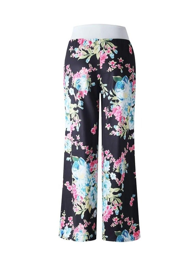 iChunhua Women's Comfy Stretch Floral Print Drawstring Palazzo Wide Leg Lounge Pant  - Image 4