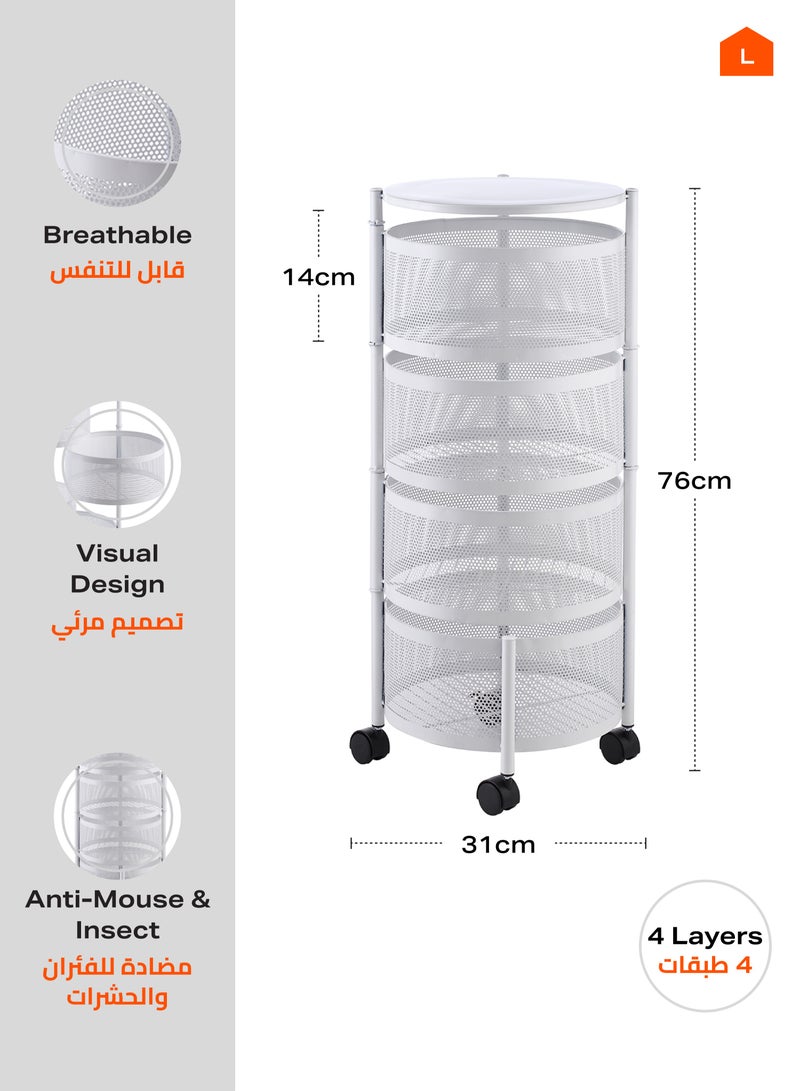 LAWAZIM Circular Storage Rack -4 Layer White- Durable Corrosion-Resistant Tiered Space-Saving Storage Rack with Swivel Caster Wheels Movable Storage Shelf -Versatile for Kitchen Living Room and Office - Image 3