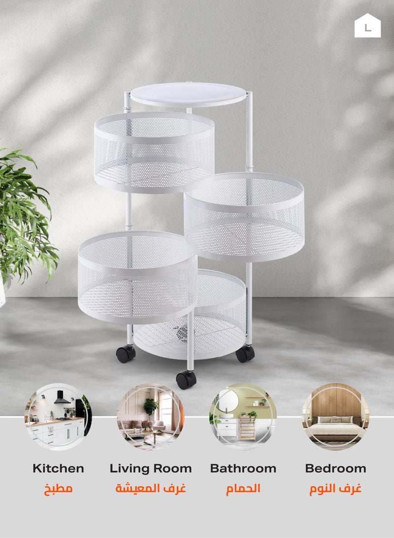 LAWAZIM Circular Storage Rack -4 Layer White- Durable Corrosion-Resistant Tiered Space-Saving Storage Rack with Swivel Caster Wheels Movable Storage Shelf -Versatile for Kitchen Living Room and Office - Image 5