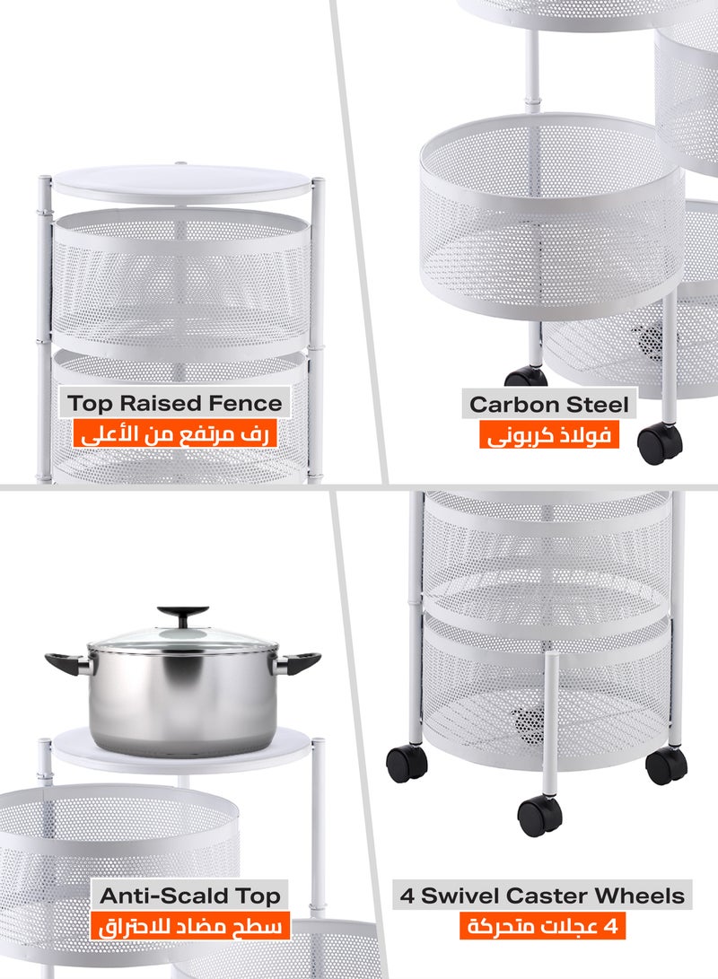 LAWAZIM Circular Storage Rack -4 Layer White- Durable Corrosion-Resistant Tiered Space-Saving Storage Rack with Swivel Caster Wheels Movable Storage Shelf -Versatile for Kitchen Living Room and Office - Image 4