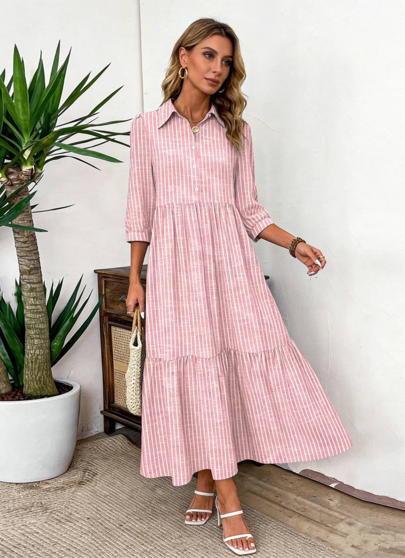 XNC Women's Striped Maxi Dresses 2026 Summer Fashion Collared Boho Dress Print 3/4 Sleeve Work Dress with Pockets Pink - Image 2