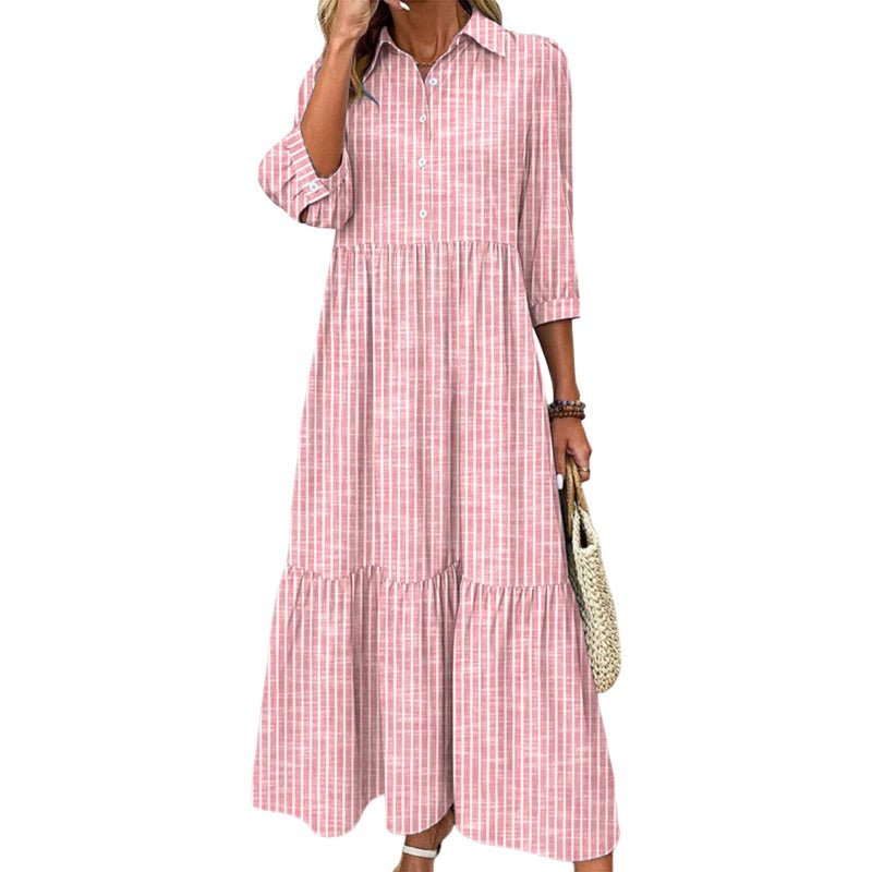 XNC Women's Striped Maxi Dresses 2026 Summer Fashion Collared Boho Dress Print 3/4 Sleeve Work Dress with Pockets Pink - Image 1