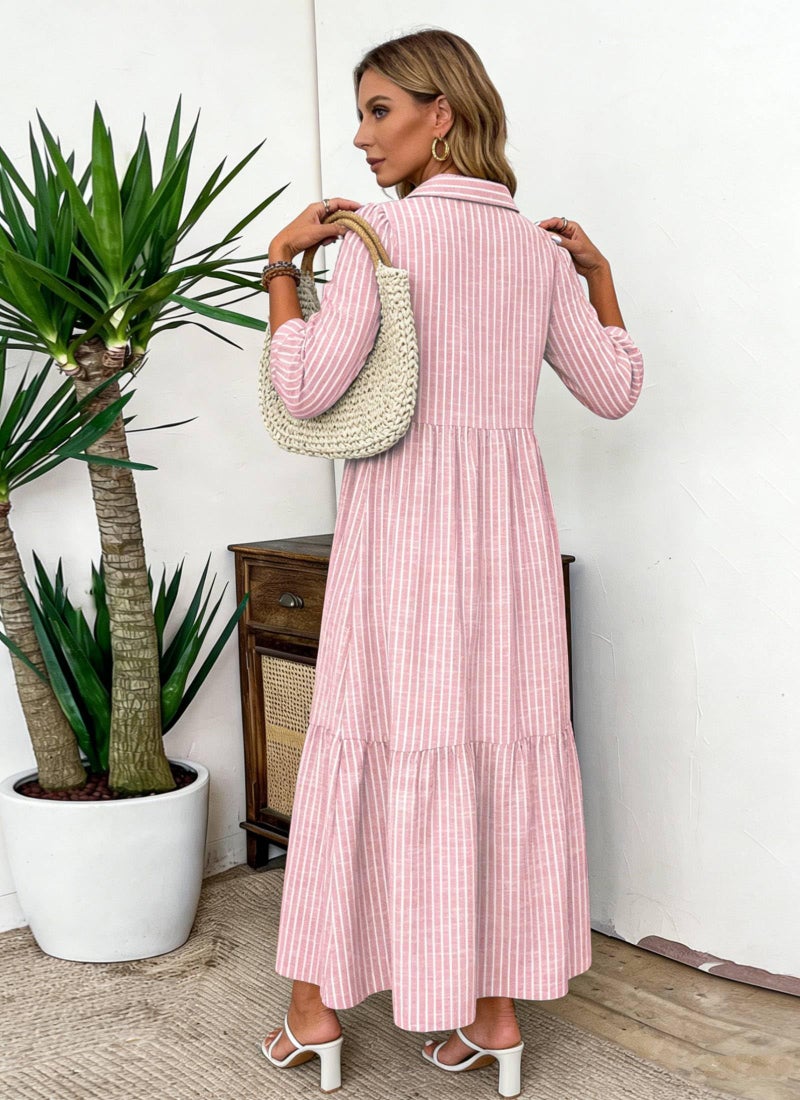 XNC Women's Striped Maxi Dresses 2026 Summer Fashion Collared Boho Dress Print 3/4 Sleeve Work Dress with Pockets Pink - Image 5