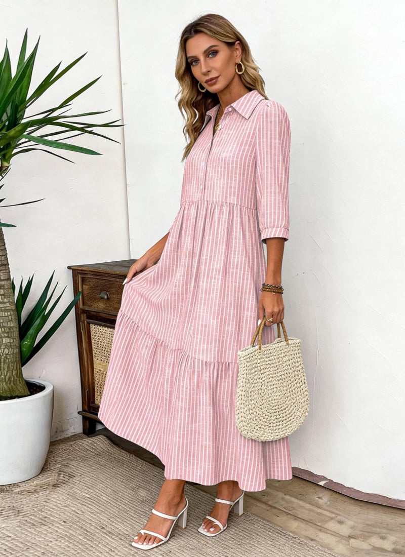 XNC Women's Striped Maxi Dresses 2026 Summer Fashion Collared Boho Dress Print 3/4 Sleeve Work Dress with Pockets Pink - Image 3