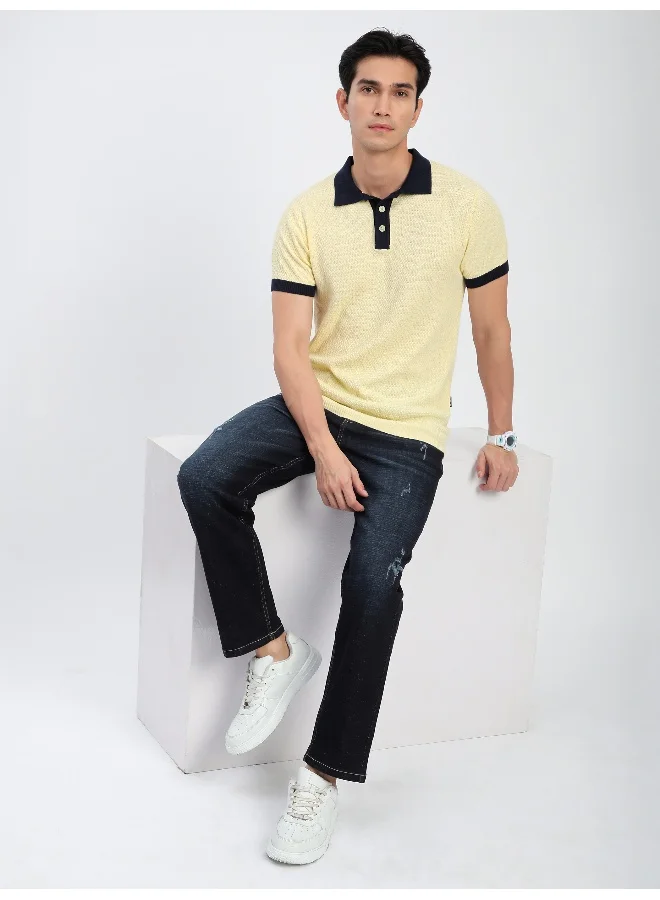 Beyoung Daffodil Yellow Contrast Collar Flat Knit Polo T-Shirt For Men