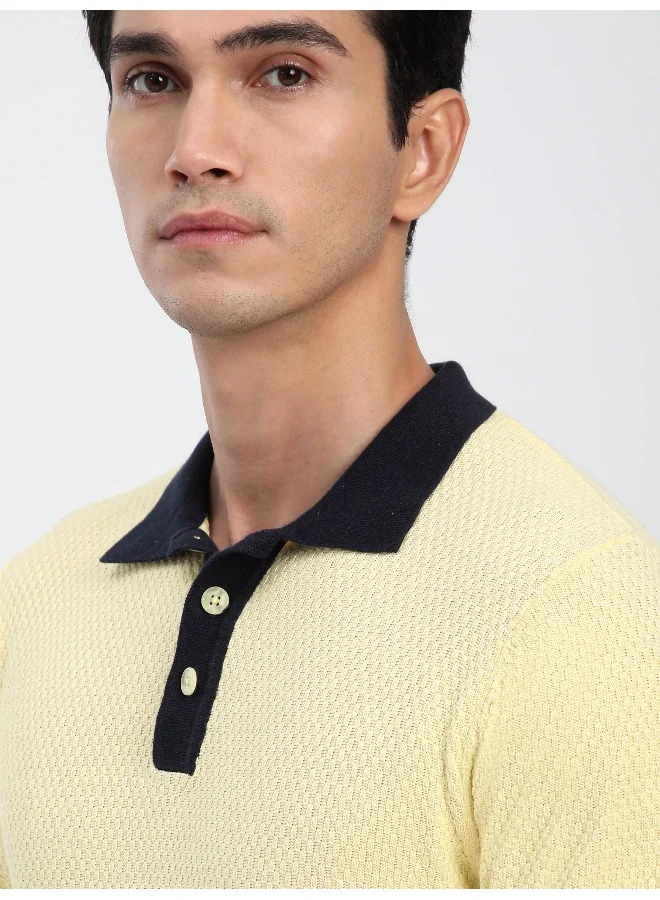 Beyoung Daffodil Yellow Contrast Collar Flat Knit Polo T-Shirt For Men