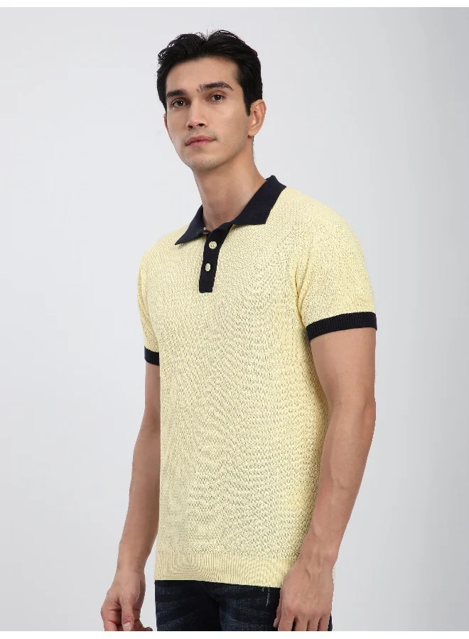Beyoung Daffodil Yellow Contrast Collar Flat Knit Polo T-Shirt For Men