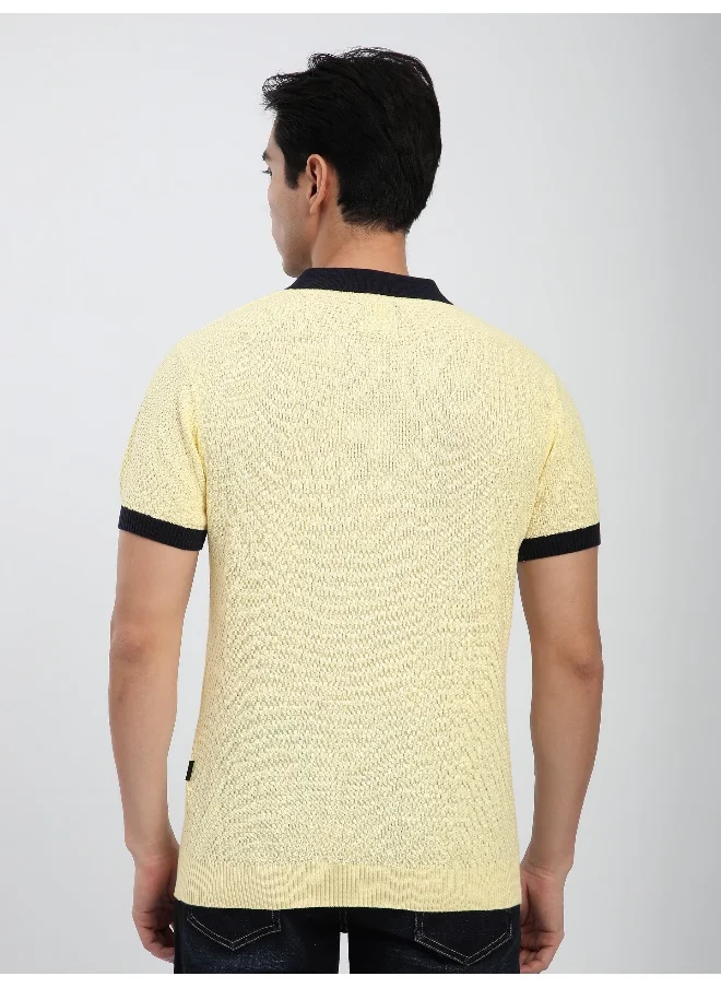 بيونغ Daffodil Yellow Contrast Collar Flat Knit Polo T-Shirt For Men