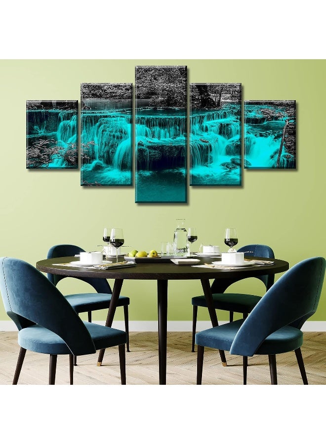 DJSYLIFE Black and White Wall Art Teal Waterfall Picture Canvas Print for Living Room Home Decorations 5 Pieces Nature Landscape Artwork 60" W X 32" H Framed - Image 5
