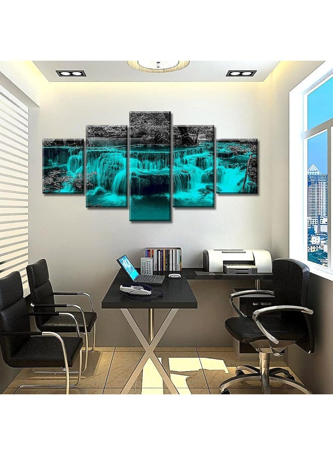 DJSYLIFE Black and White Wall Art Teal Waterfall Picture Canvas Print for Living Room Home Decorations 5 Pieces Nature Landscape Artwork 60" W X 32" H Framed - Image 4
