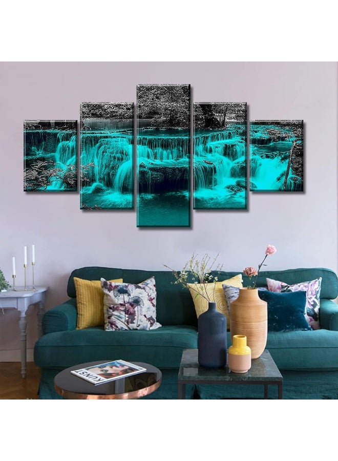 DJSYLIFE Black and White Wall Art Teal Waterfall Picture Canvas Print for Living Room Home Decorations 5 Pieces Nature Landscape Artwork 60" W X 32" H Framed - Image 2