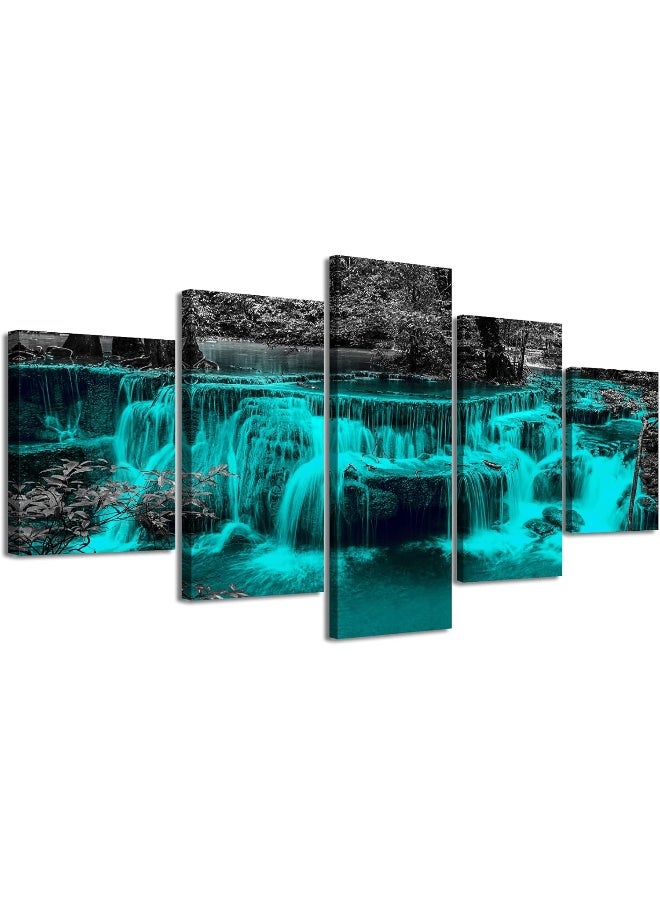 DJSYLIFE Black and White Wall Art Teal Waterfall Picture Canvas Print for Living Room Home Decorations 5 Pieces Nature Landscape Artwork 60" W X 32" H Framed - Image 1