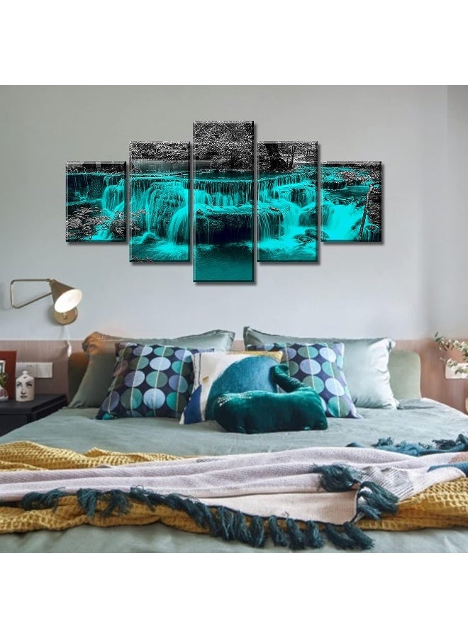 DJSYLIFE Black and White Wall Art Teal Waterfall Picture Canvas Print for Living Room Home Decorations 5 Pieces Nature Landscape Artwork 60" W X 32" H Framed - Image 3