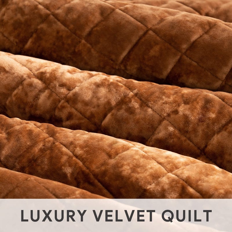 RECYCO Luxury Velvet Quilt Set Full Queen Size Bedding Sets, Ultra Soft Velvet Comforter Set, Lightweight Oversized Bedspread Quilted Coverlet for All Season, with 2 Pillow Shams, Rusty Burnt Orange - Image 4
