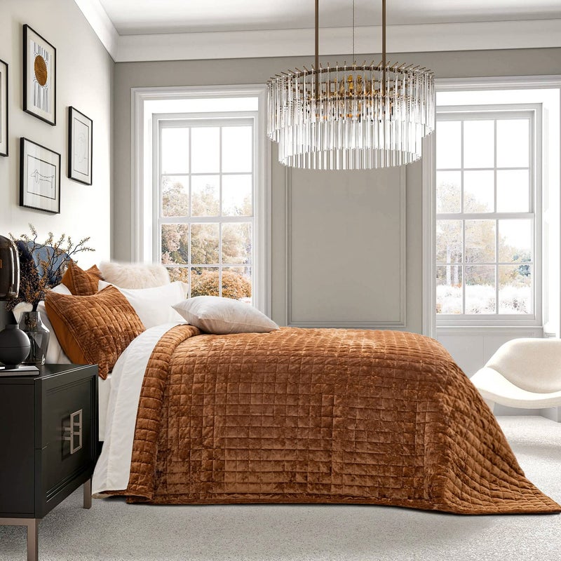 RECYCO Luxury Velvet Quilt Set Full Queen Size Bedding Sets, Ultra Soft Velvet Comforter Set, Lightweight Oversized Bedspread Quilted Coverlet for All Season, with 2 Pillow Shams, Rusty Burnt Orange - Image 2