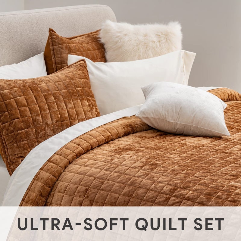 RECYCO Luxury Velvet Quilt Set Full Queen Size Bedding Sets, Ultra Soft Velvet Comforter Set, Lightweight Oversized Bedspread Quilted Coverlet for All Season, with 2 Pillow Shams, Rusty Burnt Orange - Image 5