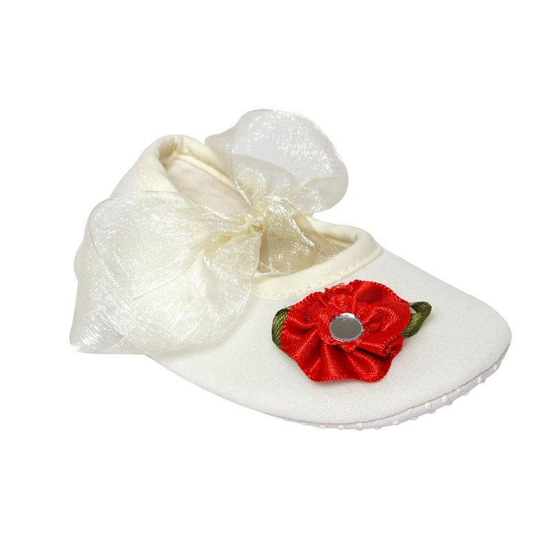 Rsmart Infant New Baby Toddlers Boys and Girls Cotton White Sandal Ribbon Booties With Red Flower Patch [RSM_47] - Image 2