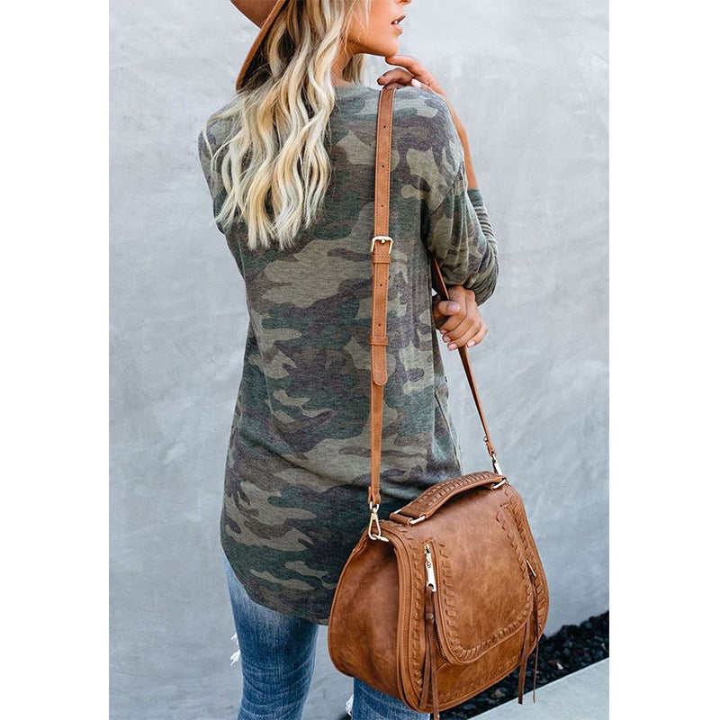 2020 AliExpress Europe and the United States autumn and winter new tops camouflage printing round neck long-sleeved t-shirt women y-508 green S - Image 3