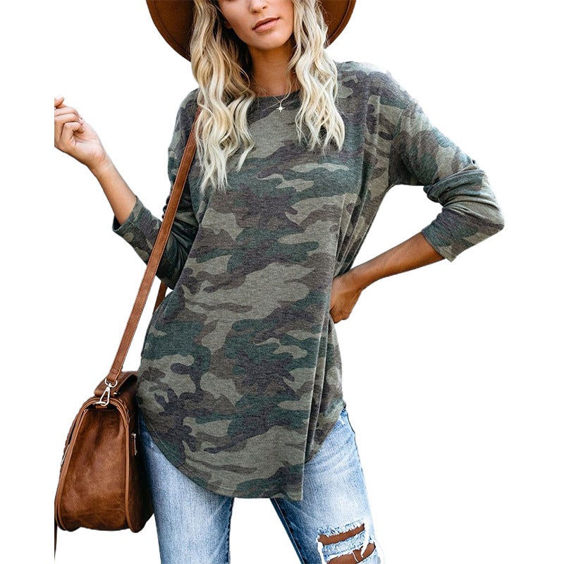 2020 AliExpress Europe and the United States autumn and winter new tops camouflage printing round neck long-sleeved t-shirt women y-508 green S - Image 2