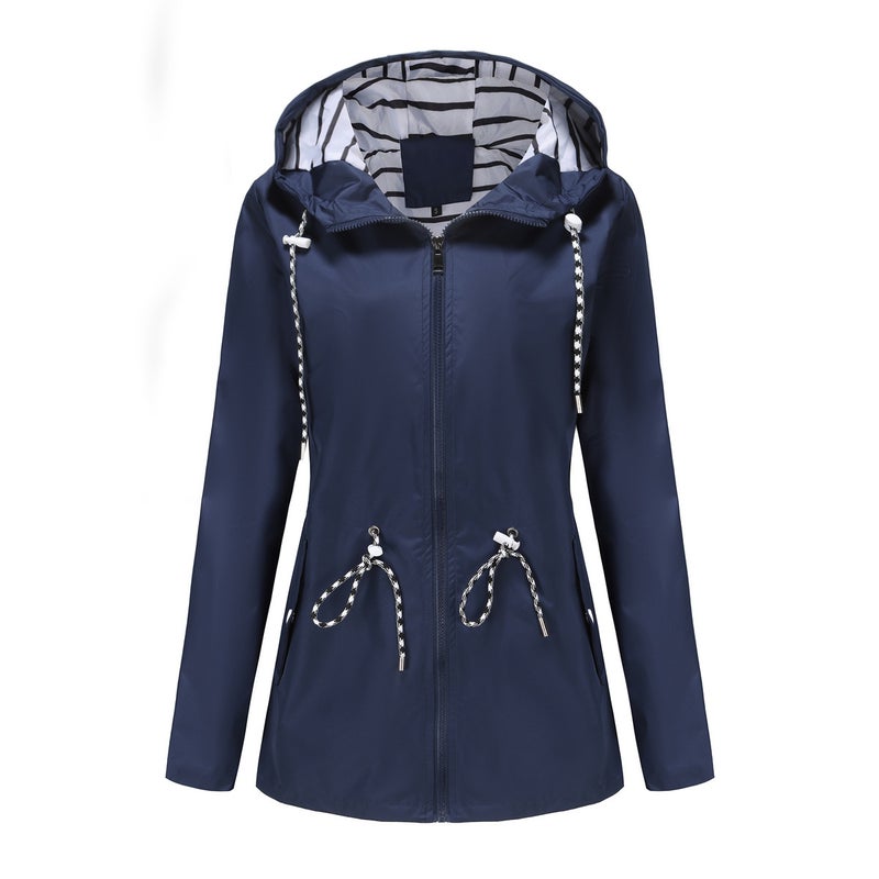 Water-Resistant Mid-Length Hooded Striped Raincoat for Women Dark blue - Image 1