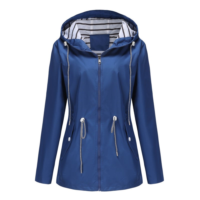 Water-Resistant Mid-Length Hooded Striped Raincoat for Women Dark blue - Image 4