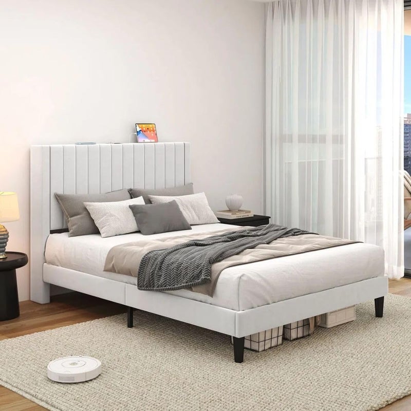 Comfynest Velvet Upholstered Tufted Bed with Charging Station - Image 1