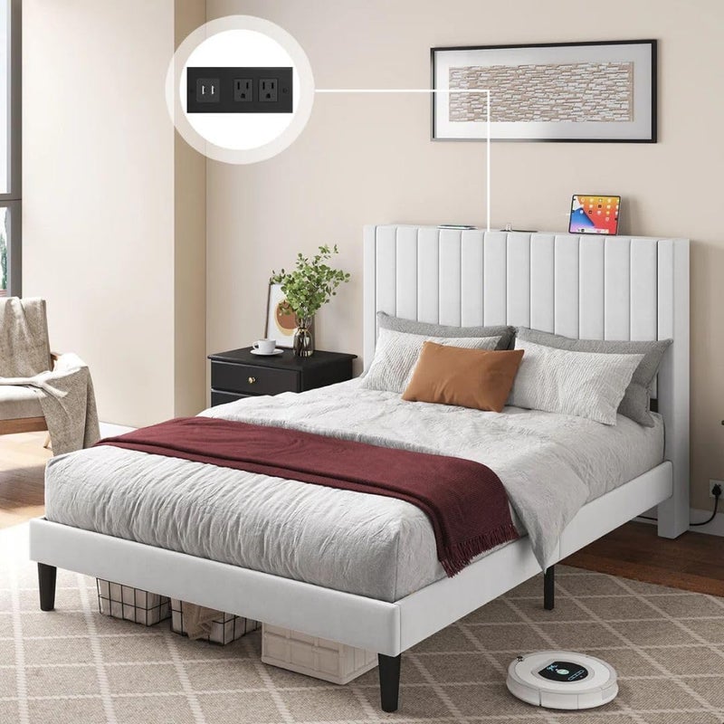 Comfynest Velvet Upholstered Tufted Bed with Charging Station - Image 4