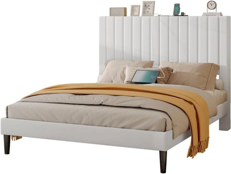 Comfynest Velvet Upholstered Tufted Bed with Charging Station - Image 2
