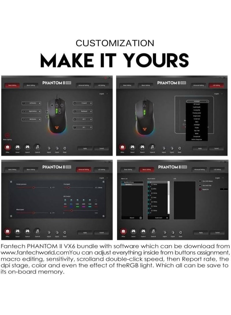 لماوس الألعاب FANTECH VX6 PHANTOM II ماكرو - ماوس سلكي USB RGB - 7200 نقطة في البوصة - إضاءة LED RGB - 7D ماكرو قابل للبرمجة - مع برنامج (أسود) - Image 5