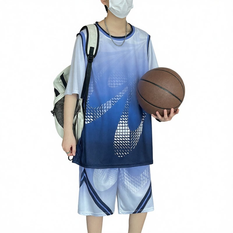 Mens Short Sleeve Basketball Jersey Set with Shorts, Breathable Ice Silk Fabric, Youth Sports Training Suit for Boys - Image 1