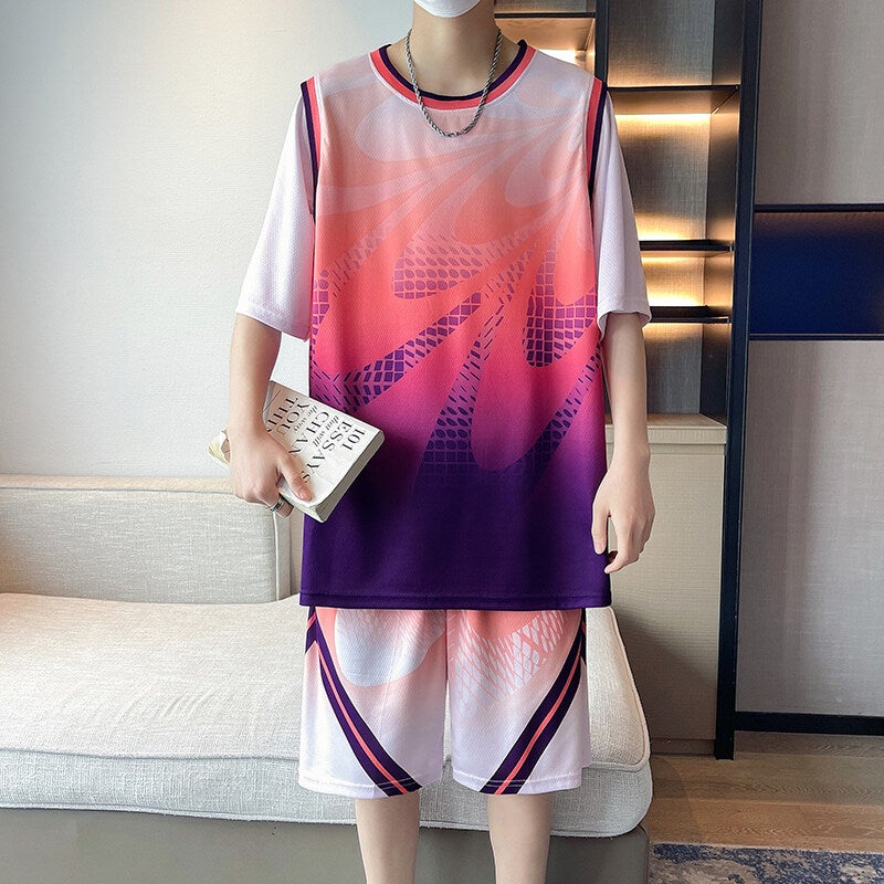Mens Short Sleeve Basketball Jersey Set with Shorts, Breathable Ice Silk Fabric, Youth Sports Training Suit for Boys - Image 4