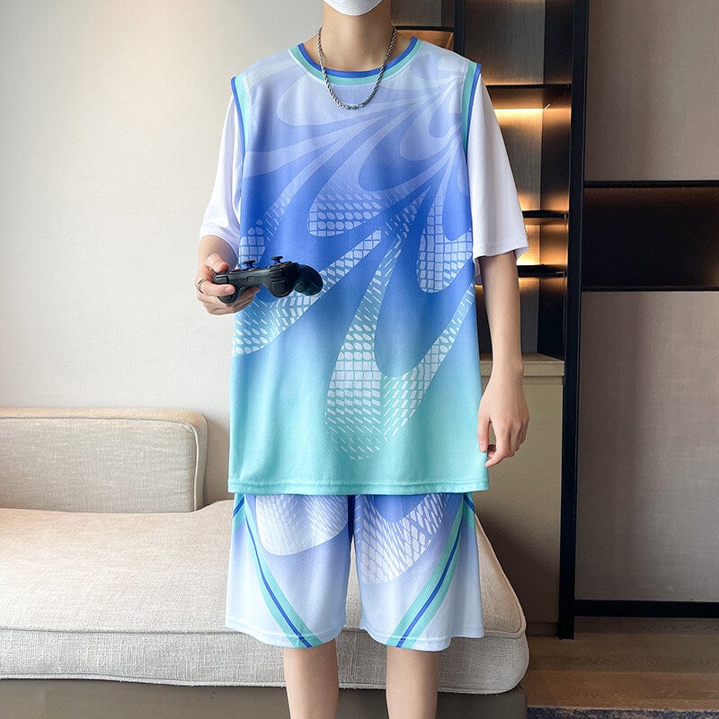Mens Short Sleeve Basketball Jersey Set with Shorts, Breathable Ice Silk Fabric, Youth Sports Training Suit for Boys - Image 5