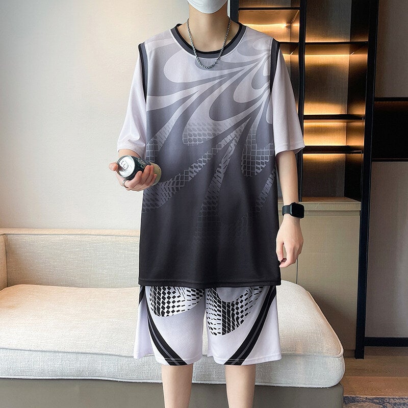 Mens Short Sleeve Basketball Jersey Set with Shorts, Breathable Ice Silk Fabric, Youth Sports Training Suit for Boys - Image 2