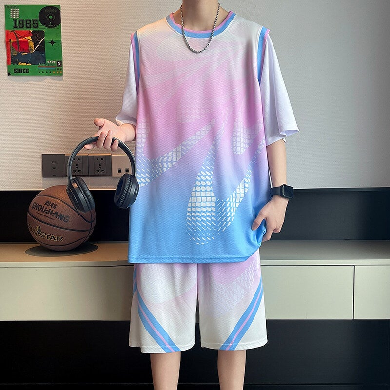 Mens Short Sleeve Basketball Jersey Set with Shorts, Breathable Ice Silk Fabric, Youth Sports Training Suit for Boys - Image 3
