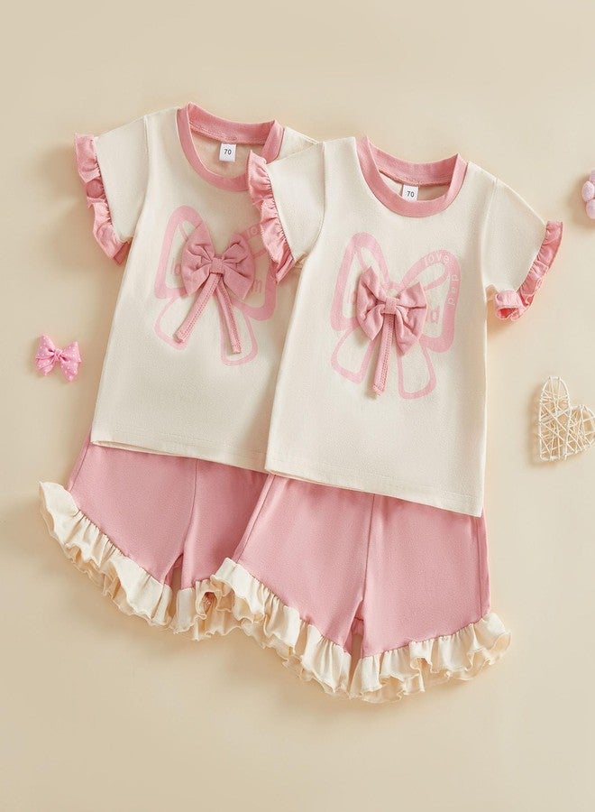 Mubineo Toddler Baby Girl Clothes Summer Bowknot T Shirt Shorts Outfits Kids Ruffle Short Sleeve Tops Short Outfit Set (Pink Dad, 2-3T) - Image 3