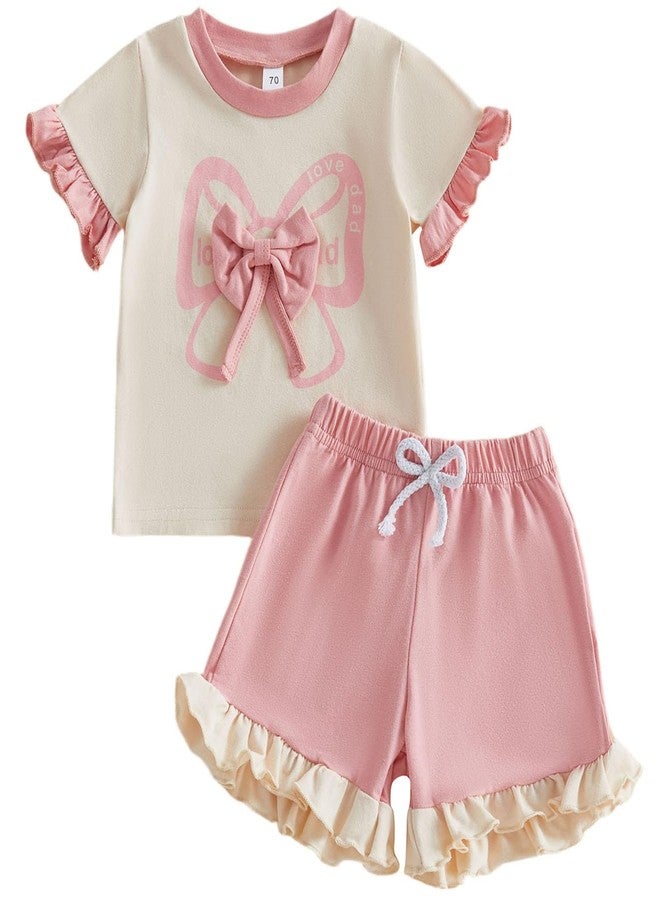 Mubineo Toddler Baby Girl Clothes Summer Bowknot T Shirt Shorts Outfits Kids Ruffle Short Sleeve Tops Short Outfit Set (Pink Dad, 2-3T) - Image 1