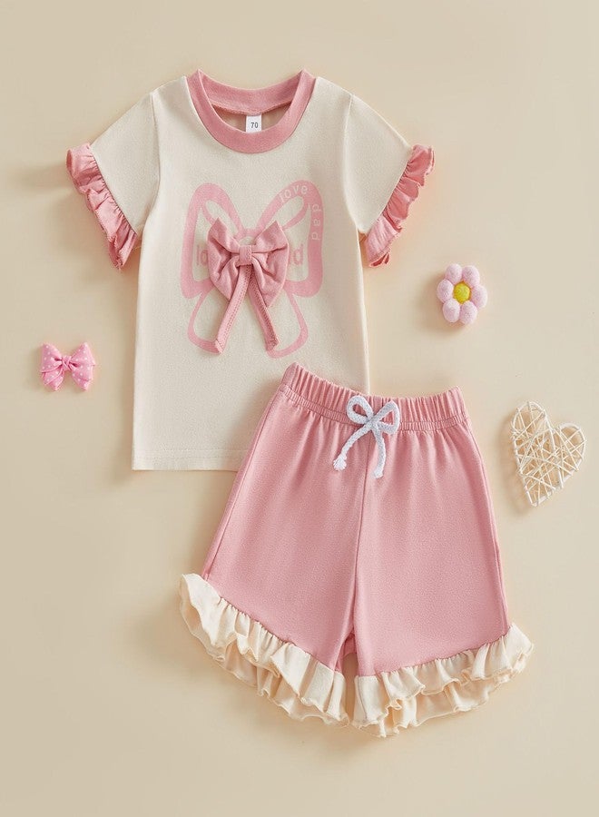Mubineo Toddler Baby Girl Clothes Summer Bowknot T Shirt Shorts Outfits Kids Ruffle Short Sleeve Tops Short Outfit Set (Pink Dad, 2-3T) - Image 4