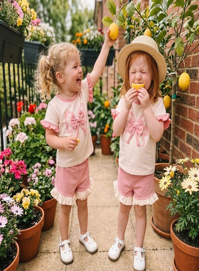 Mubineo Toddler Baby Girl Clothes Summer Bowknot T Shirt Shorts Outfits Kids Ruffle Short Sleeve Tops Short Outfit Set (Pink Dad, 2-3T) - Image 2