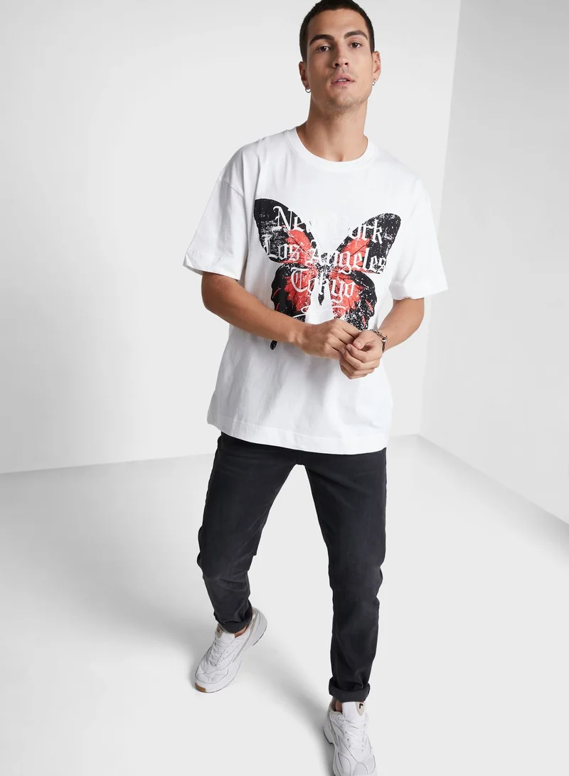 GOOD FOR NOTHING Oversized Acid Wash Butterfly T-Shirt