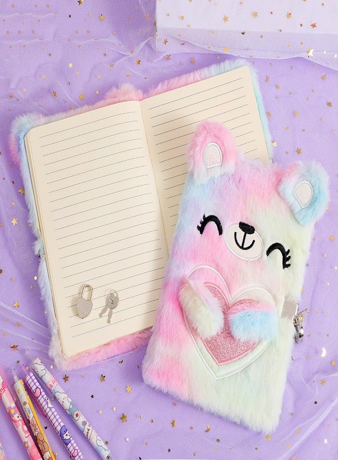 YankMooM Journal for Kids Diary with Lock for Girls, Fuzzy Secret Kids Journal Tie-Dye Notebook Gift for for Writing and Drawing, Hardcover Fluffy Bear Secret Diary with Stickers for Kids - Image 2