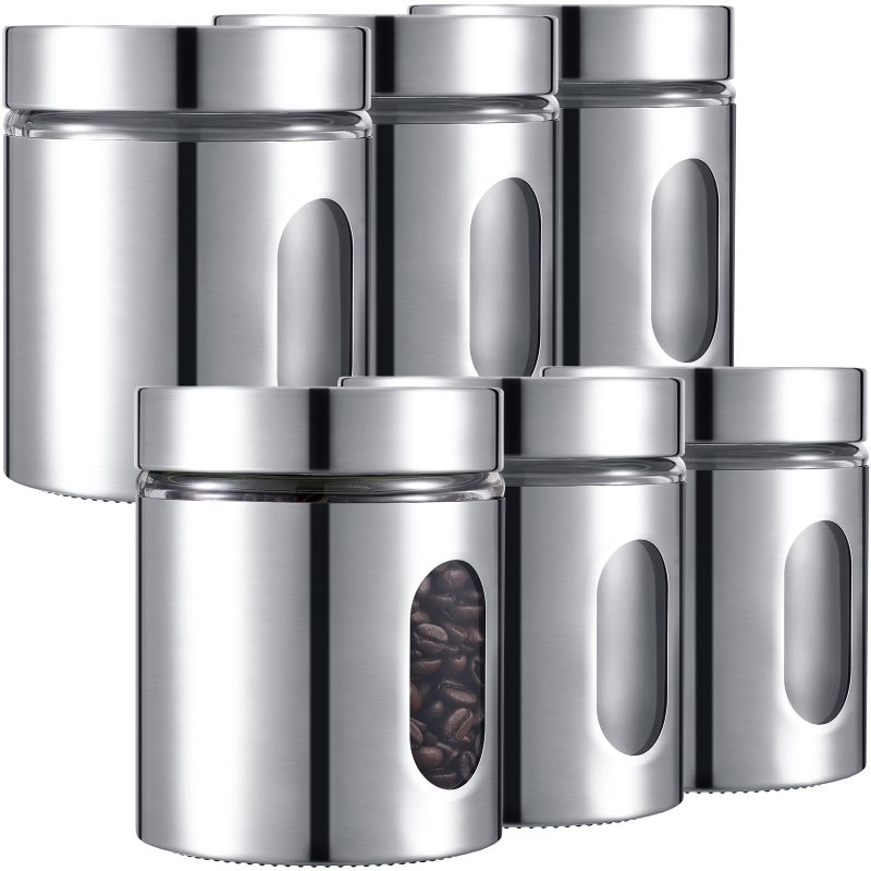 Mimorou 6 Pack Kitchen Canisters Set Airtight Coffee Sugar Tea Candy Storage Jars with Window Glass Stainless Steel Containers with Lids for Flour Cookies Spices Grains Kitchen Decorations(20 oz) - Image 1
