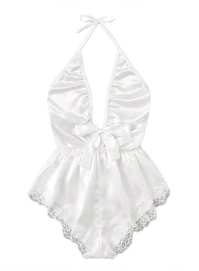 MARGOUN Women Medium Size Stain Silk Underwear Deep V Neck Lingerie Fashion Ladies Sleepwear Bodysuit Teddy Lingerie Sleepwear White/M Bust 88CM-Waist 68cm-hip 92cm  - Image 3