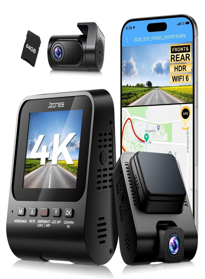 Jzones Dash Cam Front and Rear: 4K+1080P FHD Dual Dash Camera for Cars with Night Vision, 2 Channel HDR Dash Camera, 24H Parking Mode Car Camera, Built-in GPS, WiFi 6, Free 64GB Card - Image 1